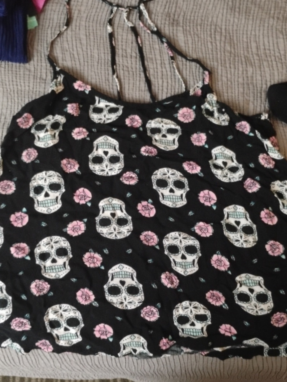 NOBO Black Halter Camisole with Pink Rose & White Skull Print